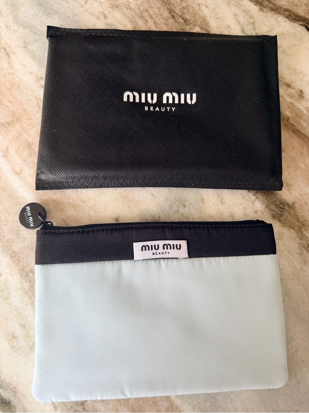 Mui Mui Light Blue & Black Pouch w Black Zipper & ‘MUI MUI BEAUTY’ Zipper Pull